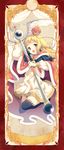  :d ahoge black_legwear blonde_hair blue_eyes cape crown highres holding long_hair looking_at_viewer mini_crown open_mouth original smile solo staff thighhighs yamcha_(cocololi) zettai_ryouiki 
