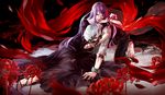  1girl absurdres all_fours barefoot black_dress black_sclera blood blood_in_mouth bloody_clothes cuffs dress face_mask flower glasses high_heels highres hug igneous25 kagune_(tokyo_ghoul) kamishiro_rize kaneki_ken long_sleeves mask pants purple_dress red_eyes shackles shirt silver_hair sitting spider_lily tokyo_ghoul 