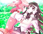  akemi_homura bad_id bad_pixiv_id black_hair blurry bow choker depth_of_field gloves hair_bow hair_ribbon hairband hands_on_another's_face kaname_madoka long_hair magical_girl mahou_shoujo_madoka_magica multiple_girls parted_lips pink_eyes pink_hair pipette1223 purple_eyes ribbon ribbon_choker smile twintails wind yuri 