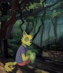  anthro canine clothing forest fox fur grass hair invalid_tag looking_at_viewer male mammal pathway shirt shoes shorts sitting solo steps tree wooden_steps 