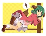  1girl animal_ears dog_ears dog_tail green_eyes green_hair kasodani_kyouko looking_at_viewer open_mouth shoes short_hair solo spoken_exclamation_mark tail touhou uguisu_mochi_(ykss35) 