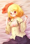  aki_minoriko arinu blonde_hair blush breasts cleavage commentary_request covered_nipples hat large_breasts lying on_back on_bed open_clothes open_shirt red_eyes shirt short_hair smile solo touhou undone 