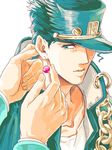  adjusting_earrings blue_eyes blue_hair chain earrings hat jewelry jojo_no_kimyou_na_bouken kuujou_joutarou ni_no_se putting_on_jewelry 