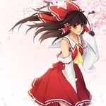  ascot bare_shoulders bow brown_hair cherry_blossoms cowboy_shot detached_sleeves hair_bow hair_tubes hakurei_reimu hand_in_hair long_hair looking_at_viewer nemunemu_(bluelight5) nontraditional_miko open_mouth solo touhou yellow_eyes 