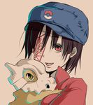  alternate_headwear blue_hair bone brown_background brown_hair cubone fang gen_1_pokemon hat highres miyako_yoshika ofuda open_mouth pokemon pokemon_(creature) red_eyes shika_miso short_hair simple_background skull smile touhou 