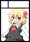  :d ascot blonde_hair fang hair_ribbon open_mouth red_eyes ribbon rumia shirt short_hair skirt smile touhou vest yakumo_nanahara 