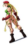  ahoge ass beret blonde_hair blue_eyes boots braid breasts cammy_white camouflage clenched_hands combat_boots fingerless_gloves from_behind full_body gloves green_leotard hat large_breasts leotard long_hair muscle muscular_female scar shopyun solo standing street_fighter thong_leotard twin_braids 