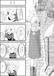  3_3 4koma =_= alternate_costume ascot aziponk basket bob_cut boots brick brick_wall buttons closed_eyes comic crosshatching dress drooling english erica_hartmann glasses greyscale highres long_sleeves military military_uniform monochrome multiple_girls ok_sign open_mouth plant poster_(object) sailor_collar short_hair siblings sisters speech_bubble strike_witches surgical_mask translation_request twins uniform ursula_hartmann wagon wall world_witches_series 