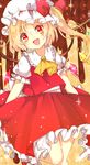  :d ascot blonde_hair flandre_scarlet frills hat looking_at_viewer mob_cap mokyuko open_mouth red_eyes side_ponytail smile solo touhou wings 