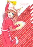  absurdres animal_ears bad_id bad_pixiv_id blue_eyes brown_hair fang fox_ears fox_tail girlfriend_(kari) highres holding kasappi long_hair looking_at_viewer megaphone open_mouth shoes solo tail track_suit 