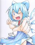  absurdres blue_eyes blue_hair blush cirno highres ice ice_wings one_eye_closed open_mouth short_hair smile sokutenkun solo touhou traditional_media wings 