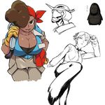  afro bandana brain_drain_(skullgirls) breasts brown_hair cleavage clothes_around_waist collage cropped_legs dark_skin fighting_stance gloves hair_over_one_eye hand_on_hip kicking king_(snk) large_breasts lips multiple_girls name_tag overalls roxie_(skullgirls) sketch skullgirls smile the_king_of_fighters thigh_gap tsukudani_(coke-buta) very_dark_skin 