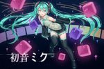 aqua_eyes aqua_hair blush boots character_name cube detached_sleeves hatsune_miku headset leaning_forward long_hair looking_at_viewer mx2j_(nsh6394) necktie open_mouth skirt solo sparkle thigh_boots thighhighs very_long_hair vocaloid zettai_ryouiki 