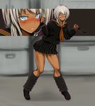  black_legwear black_serafuku blue_eyes blush crying crying_with_eyes_open dark_skin dual_wielding flat_chest gyaru highres holding knife kogal loose_socks miniskirt mumumu_(gurudebaruden) original reverse_grip school_uniform serafuku short_hair silver_hair skirt socks solo tears zoom_layer 