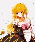  areco_kagu beatrice blonde_hair blue_eyes bow dress flower hair_down petals pink_bow rose umineko_no_naku_koro_ni wide_sleeves yellow_flower yellow_rose 