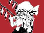  ascot flandre_scarlet hat looking_at_viewer monochrome open_mouth red_background ribbon saliva shika_miso short_hair side_ponytail simple_background smile solo touhou wings 