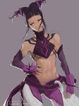  abs absurdres bare_shoulders black_hair bracelet breasts contrapposto detached_sleeves drill_hair dudou eyeliner fingerless_gloves gloves halter_top halterneck han_juri hand_on_hip highres hone_shoukan jewelry licking_lips makeup midriff naughty_face navel pants pink_legwear purple_eyes small_breasts solo spiked_bracelet spiked_hair spikes standing street_fighter street_fighter_iv_(series) tongue tongue_out twin_drills underboob 