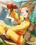  ;p bamboo bench brown_eyes brown_hair chinese_clothes gourd idolmaster idolmaster_cinderella_girls indian_style manabe_itsuki one_eye_closed ponytail sitting solo teapot tongue tongue_out 