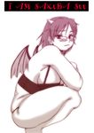  blush borrowed_character bra breasts character_name commentary_request demon_girl demon_horns demon_wings glasses horns large_breasts mini_wings monochrome original over-rim_eyewear p.i.l. panties plump profile semi-rimless_eyewear short_hair sideboob solo squatting thick_thighs thighs underwear underwear_only wings 