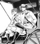  boots cape carriage graphite_(medium) greyscale highres jojo_no_kimyou_na_bouken kakyouin_noriaki kuujou_joutarou male_focus military military_uniform monochrome multiple_boys ni_no_se traditional_media uniform 