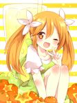  ;d casual collarbone drink drinking_straw fang flower food fruit glass hair_flower hair_ornament heart heart-shaped_pupils horizontal-striped_background long_hair looking_at_viewer nanahira one_eye_closed open_mouth orange original real_life sitting smile solo symbol-shaped_pupils twintails uguisu_mochi_(ykss35) v 