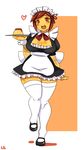  &lt;3 2014 blush breasts clothed clothing female flan flanny_(lightsource) food goo hair headgear holding legwear lightsource looking_at_viewer maid maid_uniform open_mouth orange_body plate red_eyes red_hair shoes solo standing uniform 