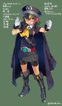  bike_shorts black_hair cape commentary fangs glasses gloves gradient_hair green_background green_hair hat jitome military military_uniform multicolored_hair original peaked_cap red_hair shindou_kamichi solo translated twitter_username uniform white_gloves yellow_eyes 