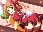  :d animal_ears ass bent_over bow brown_hair bunny_ears bunny_tail carrot finger_to_mouth green_eyes hair_bow hair_ribbon holding looking_at_viewer looking_back open_mouth original ribbon smile solo tail thighhighs uguisu_mochi_(ykss35) 