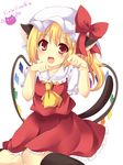  :d animal_ears bad_id bad_pixiv_id black_legwear blonde_hair cat_ears cat_tail fang flandre_scarlet hat kemonomimi_mode looking_at_viewer mob_cap open_mouth paw_pose red_eyes sitting smile solo tail touhou translation_request uguisu_mochi_(ykss35) wings 