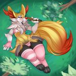  anthro biting_lip blush braixen canine chest_tuft clothed clothing female fennec fox fur geekidog gloves grass legwear lying mammal nintendo on_back panties pok&eacute;mon red_eyes red_nose solo stick stockings striped_stockings teeth tree tuft underwear video_games wide_hips yellow_fur 