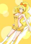  alternate_costume blonde_hair blush bow breasts cure_honey hair_bow happinesscharge_precure! highres izuna_masaru long_hair magical_girl medium_breasts naked_overalls oomori_yuuko overalls ponytail precure sideboob solo yellow yellow_background yellow_eyes 