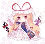  blonde_hair bow chibi cuivre fan folding_fan frills gap hair_bow hair_ribbon hat holding long_hair looking_at_viewer lowres mob_cap red_eyes ribbon sitting smile solo touhou yakumo_yukari 