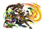  baozi braid brown_hair chinese_clothes food green_eyes guan_yinping_(p&amp;d) hair_ornament ikeya_(higumake) looking_at_viewer naginata official_art open_mouth polearm puzzle_&amp;_dragons smile solo twin_braids weapon winron 
