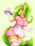  abstract_background anthro apron big_breasts blush breasts clothed clothing equine female friendship_is_magic fur gloves green_hair hair hooves horse ice_cream legwear long_hair looking_at_viewer mammal mango_(character) mleonheart my_little_pony open_mouth orange_eyes original_character plain_background pony presenting smile solo standing stockings yellow_fur 