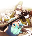  blue_eyes blue_hair blurry breasts cleavage depth_of_field gun hair_ornament hairclip haribote_(tarao) holding looking_at_viewer lying parted_lips pgm_hecate_ii rifle scarf short_hair sinon small_breasts sniper_rifle solo sword_art_online weapon 