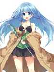  :d blue_eyes blue_hair breasts cowboy_shot duel_monster eria holding ite_fuji long_hair looking_at_viewer open_mouth pleated_skirt skirt small_breasts smile solo staff yuu-gi-ou 