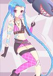  1girl balloon blue_hair braid gloves jinx_(league_of_legends) league_of_legends long_hair pink_eyes single_thighhigh tattoo thighhigh thighhighs twin_braids twintails 