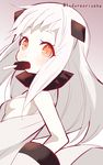  9law blush flat_chest food highres horns kantai_collection long_hair looking_at_viewer mouth_hold nipple_slip nipples northern_ocean_hime orange_eyes popsicle shinkaisei-kan solo twitter_username upper_body white_hair 
