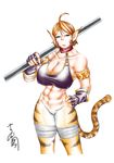  abs absurdres ahoge animal_ears armlet bikini_top bottomless breasts breath_of_fire breath_of_fire_ii cat_ears cat_tail cleavage collarbone commentary covered_nipples facial_mark fingerless_gloves fur gloves hand_on_hip highres huge_breasts older orange_hair rinpoo_chuan short_hair solo staff tail weapon yoshioka_shingo 
