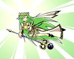  armlet bare_shoulders belt circlet dress flying goddess green_eyes green_hair holding jewelry kid_icarus kid_icarus_uprising long_hair necklace palutena setz smile solo staff vambraces very_long_hair white_dress 