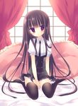  bed black_hair black_legwear brown_eyes casual frilled_pillow frills inu_x_boku_ss long_hair looking_at_viewer necktie no_shoes pillow shirakiin_ririchiyo sitting solo sumii thighhighs zettai_ryouiki 