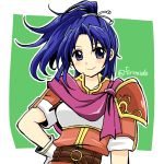  blue_eyes blue_hair fire_emblem fire_emblem:_shin_monshou_no_nazo gloves green_background hair_ribbon hand_on_hip long_hair looking_at_viewer my_unit_(fire_emblem:_shin_monshou_no_nazo) ponytail ribbon short_sleeves shoulder_armor simple_background smile solo twitter_username upper_body white_gloves yukia_(firstaid0) 
