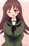 9law ;o blush breasts brown_eyes brown_hair highres kantai_collection long_hair looking_at_viewer medium_breasts one_eye_closed ooi_(kantai_collection) open_mouth school_uniform serafuku solo twitter_username upper_body 