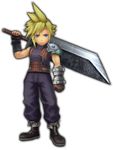  1boy 3d blonde_hair blue_eyes boots cloud_strife final_fantasy final_fantasy_explorers final_fantasy_vii full_body huge_sword male_focus official_art pauldrons sleeveless spiked_hair square_enix sword weapon 