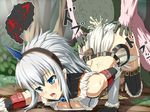  1girl armor ass belt bestiality blue_eyes blush capcom clothed_sex conga cum cum_in_pussy doggystyle fur_trim hairband horn kirin_(armor) kneeling monkey monster monster_hunter panties panties_aside sex tongue top-down_bottom-up translation_request underwear vaginal white_hair white_panties 