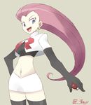  bad_id bad_twitter_id big_hair black_gloves black_legwear blue_eyes breasts crop_top earrings elbow_gloves gloves hair_slicked_back holding holding_poke_ball jewelry long_hair medium_breasts midriff miniskirt musashi_(pokemon) official_style open_mouth poke_ball pokemon pokemon_(anime) red_hair skirt solo souji team_rocket thighhighs twitter_username uniform zettai_ryouiki 