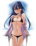  ass_visible_through_thighs bikini black_bikini blush bra_in_mouth breasts cleavage collarbone day grey_eyes highres kaminagi_(kaminagi-tei) kantai_collection large_breasts long_hair looking_at_viewer mouth_hold navel off_shoulder open_clothes open_shirt outdoors purple_hair railing shirt side-tie_bikini solo standing sweat swimsuit thigh_gap ushio_(kantai_collection) very_long_hair 
