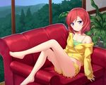 bare_legs bare_shoulders barefoot chair chemise forest highres indoors jacket looking_at_viewer love_live! love_live!_school_idol_project nature nishikino_maki off_shoulder open_clothes open_jacket plant potted_plant purple_eyes red_hair short_shorts shorts sitting smile solo tucana window 