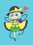  blue_background bow chibi green_eyes hat hat_bow heart heart-shaped_pupils ishimu komeiji_koishi oversized_clothes sash solo symbol-shaped_pupils third_eye touhou white_hair wide_sleeves 