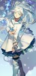  bad_id bad_pixiv_id blue_eyes coat holding holding_sword holding_weapon left-handed long_hair myrtenaster ponytail rapier rwby scar snowflakes solo sword tiara weapon weiss_schnee white_hair winter_clothes winter_coat yuukaku 